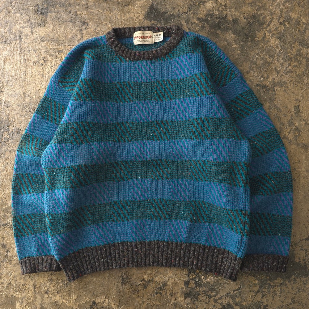 Vintage 80s McGregor Blue Striped Sweater Large Wool Blend Crewneck